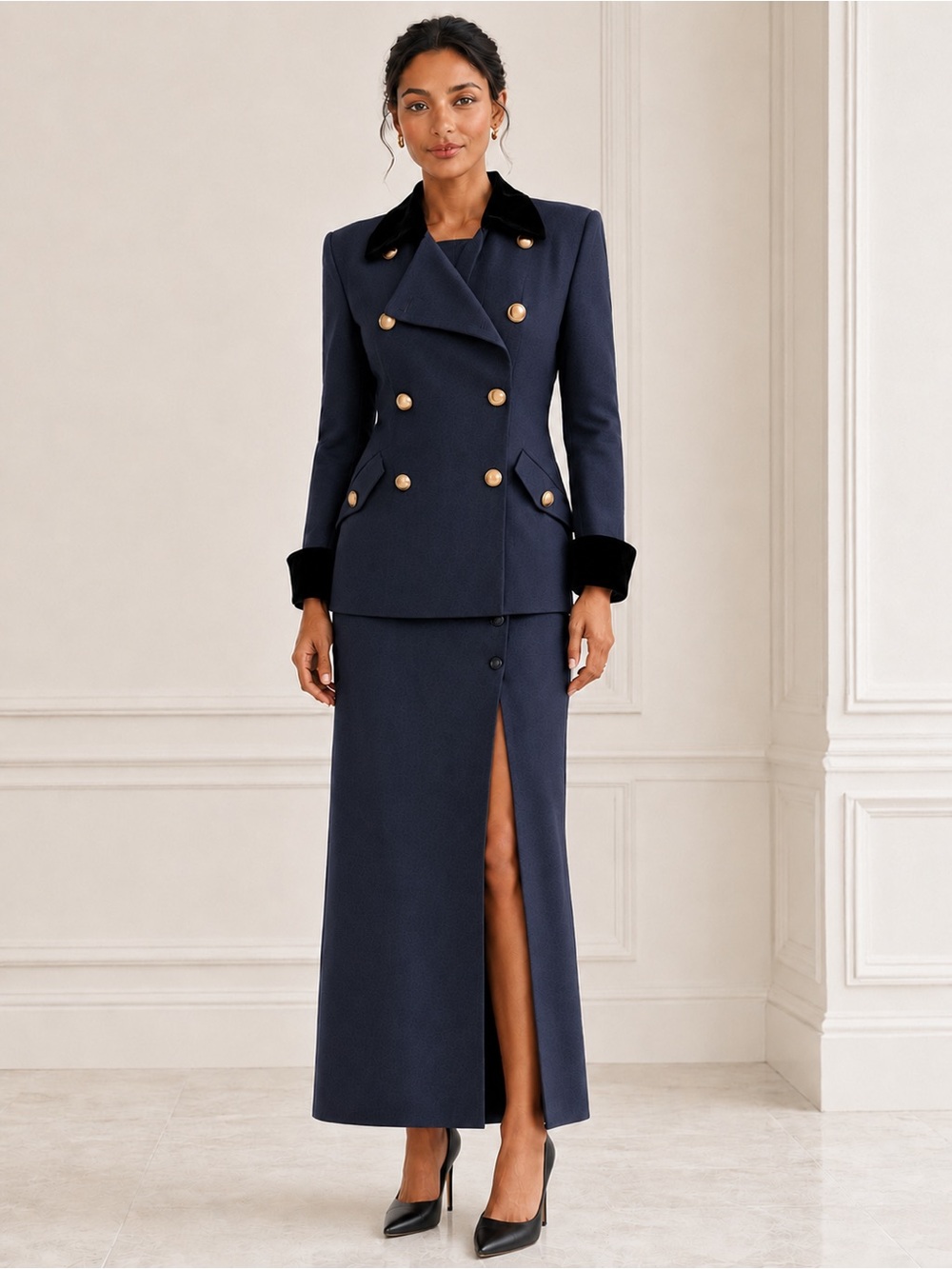 Navy Wool Velvet-Trim Blazer & Maxi Skirt Suit Set 12